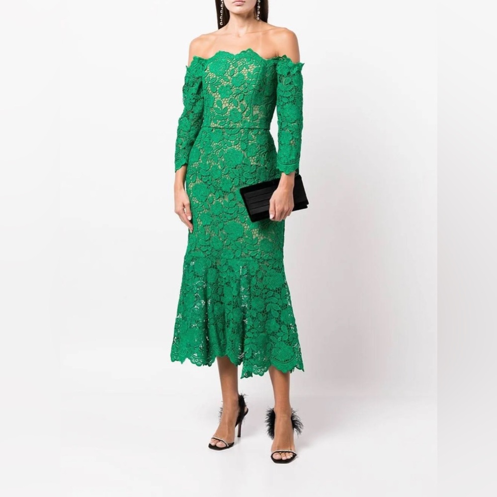 MARCHESA NOTTE***Green Guipure Lace Off-Shoulder Midi Dress***US 6***$795